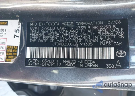2006 Toyota Prius from USA, damaged, VIN JTDKB20U363194385
